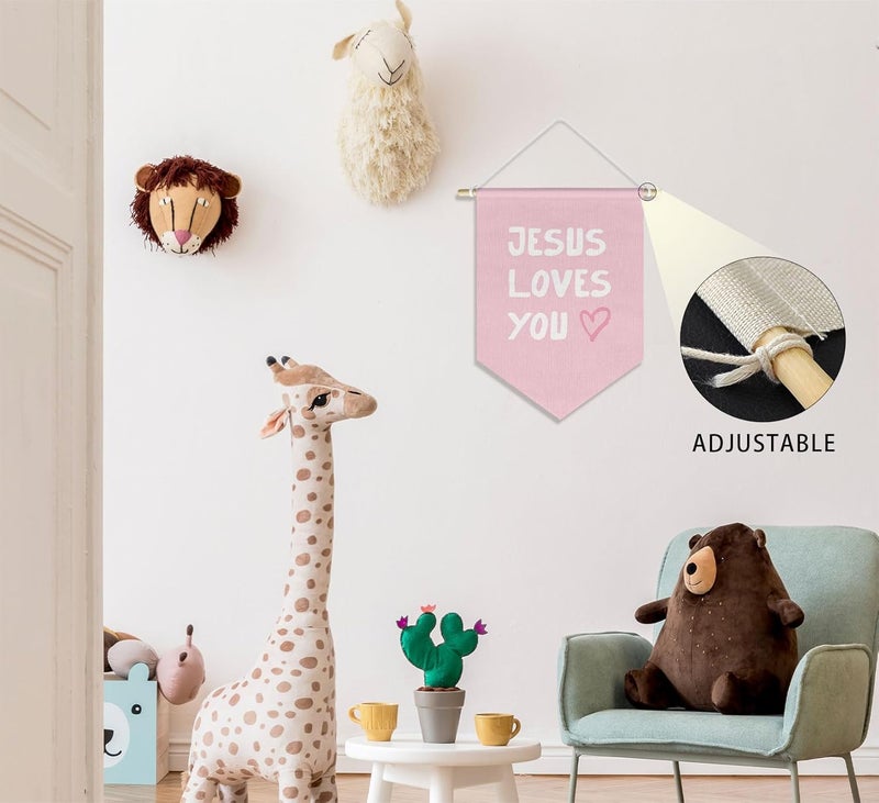 DSHFG Pink Christian Wall Art for Kids Baby Girl Nursery Classroom Toddler Room Bedroom, Kid Bible Verse Wall Decor Banner Hanging Pennant, Jesus Loves You, 15x11in - Image 5